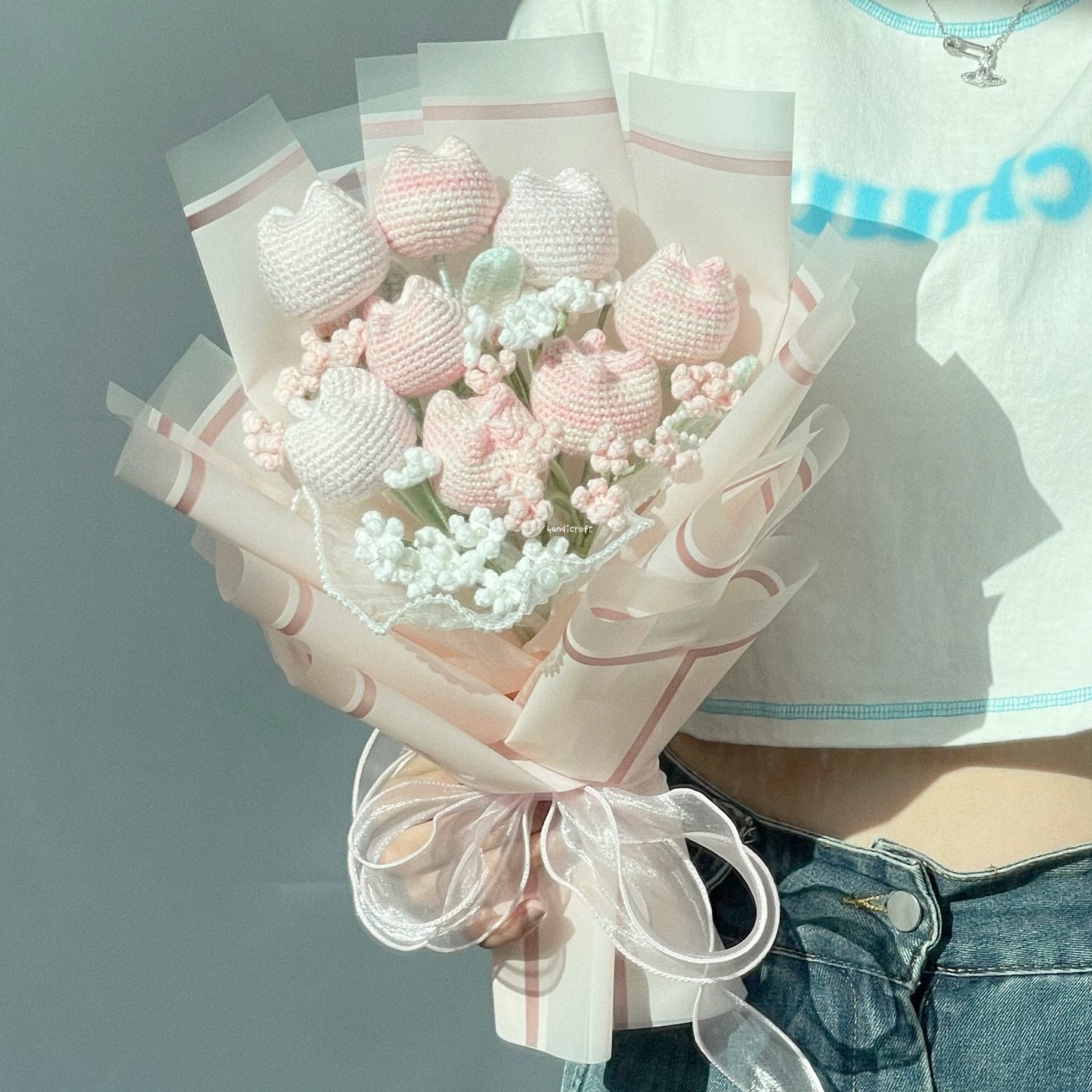 handicroft singapore handmade crochet special chubby tulip flower bouquet pastel pink white chubby charm