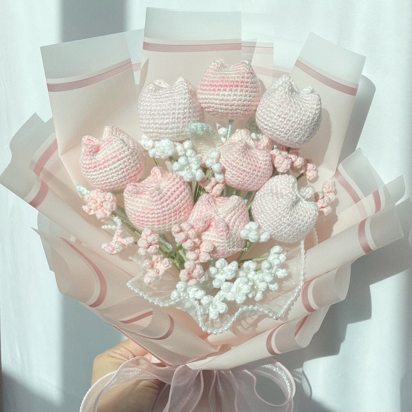 handicroft singapore handmade crochet special chubby tulip flower bouquet pastel pink white chubby charm