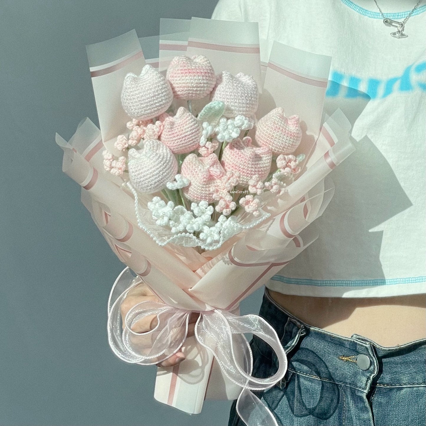 handicroft singapore handmade crochet special chubby tulip flower bouquet pastel pink white chubby charm
