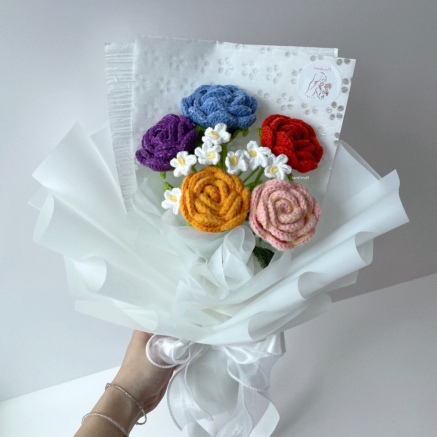 handicroft singapore handmade crochet special roses flower bouquet cheerful petals vibrant mix rainbow