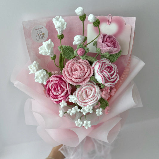 handicroft singapore handmade crochet special roses flower bouquet love story pink