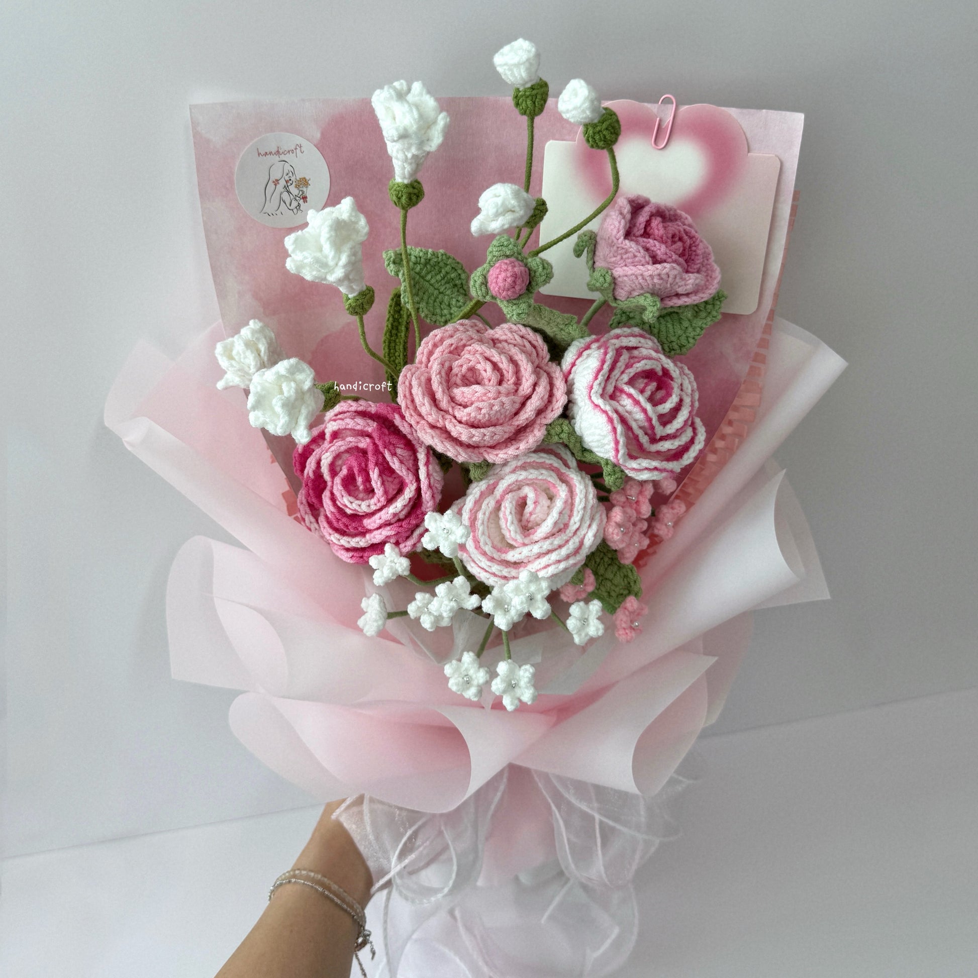 handicroft singapore handmade crochet special roses flower bouquet love story pink