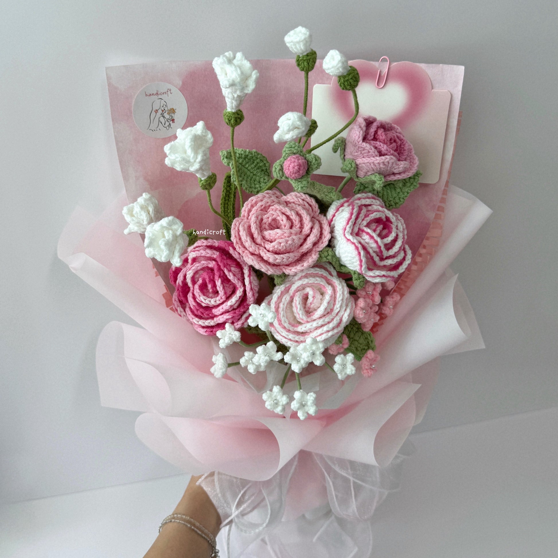 handicroft singapore handmade crochet special roses flower bouquet love story pink