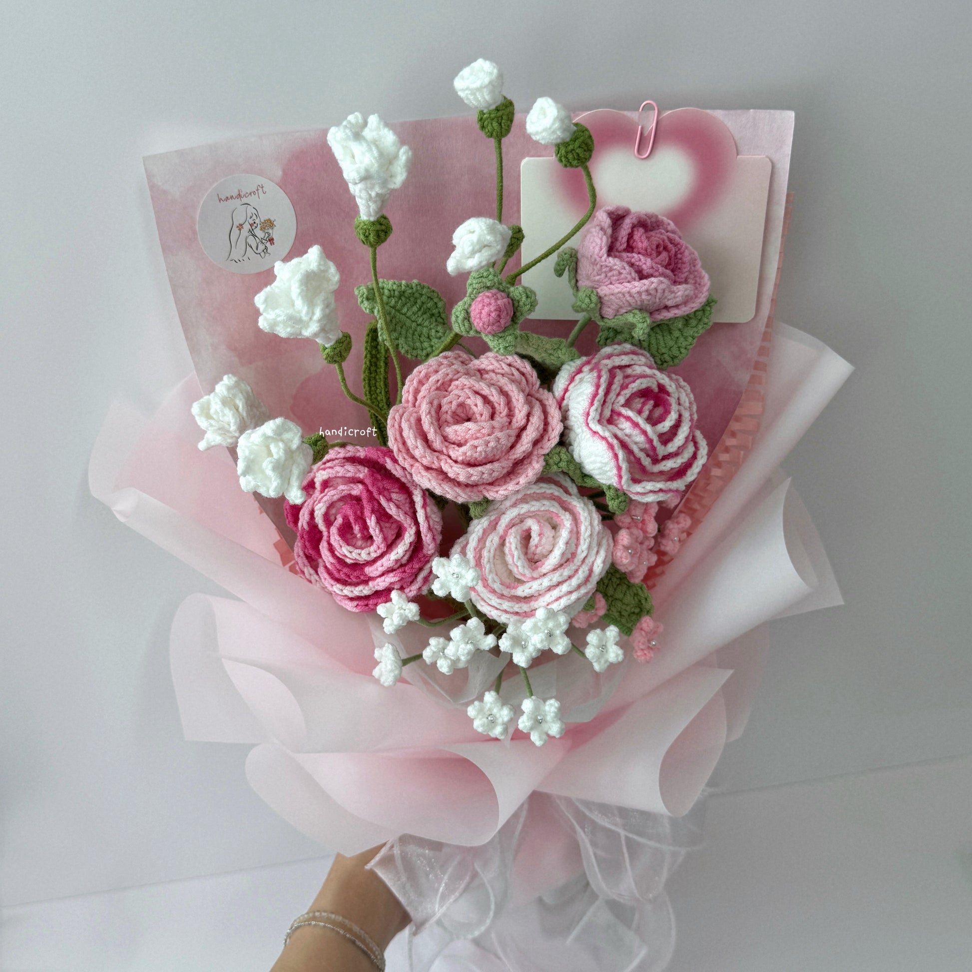 handicroft singapore handmade crochet special roses flower bouquet love story pink