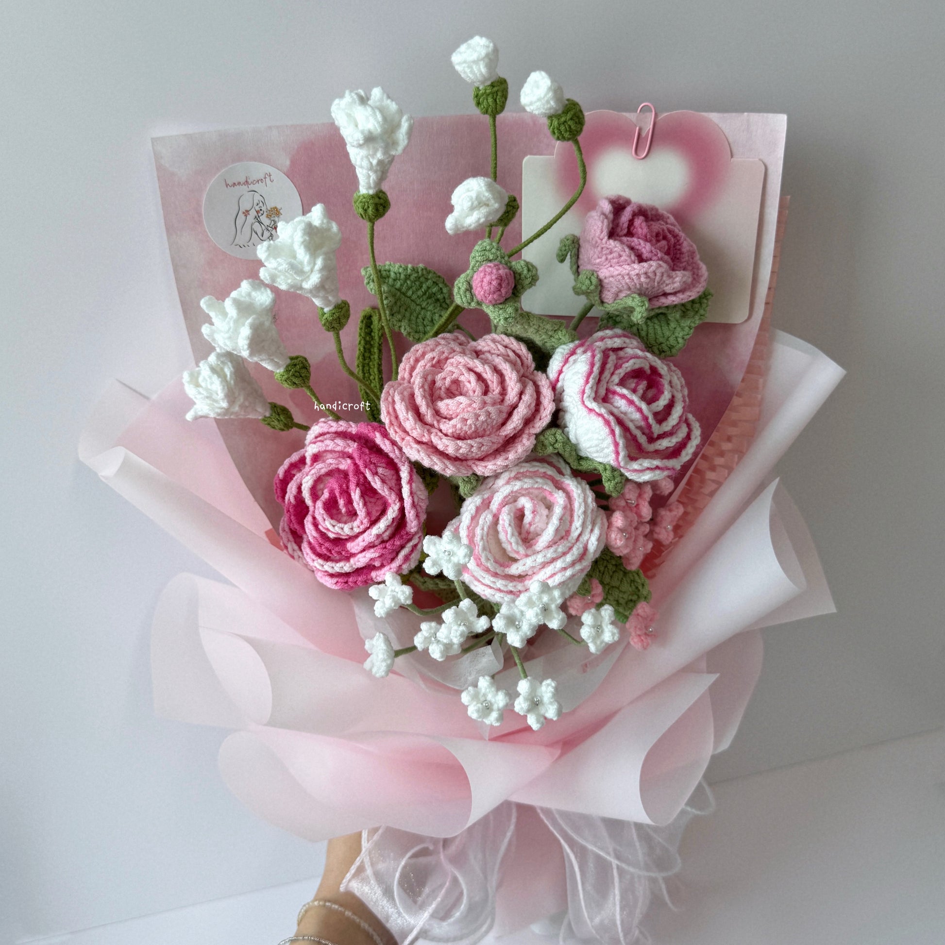 handicroft singapore handmade crochet special roses flower bouquet love story pink