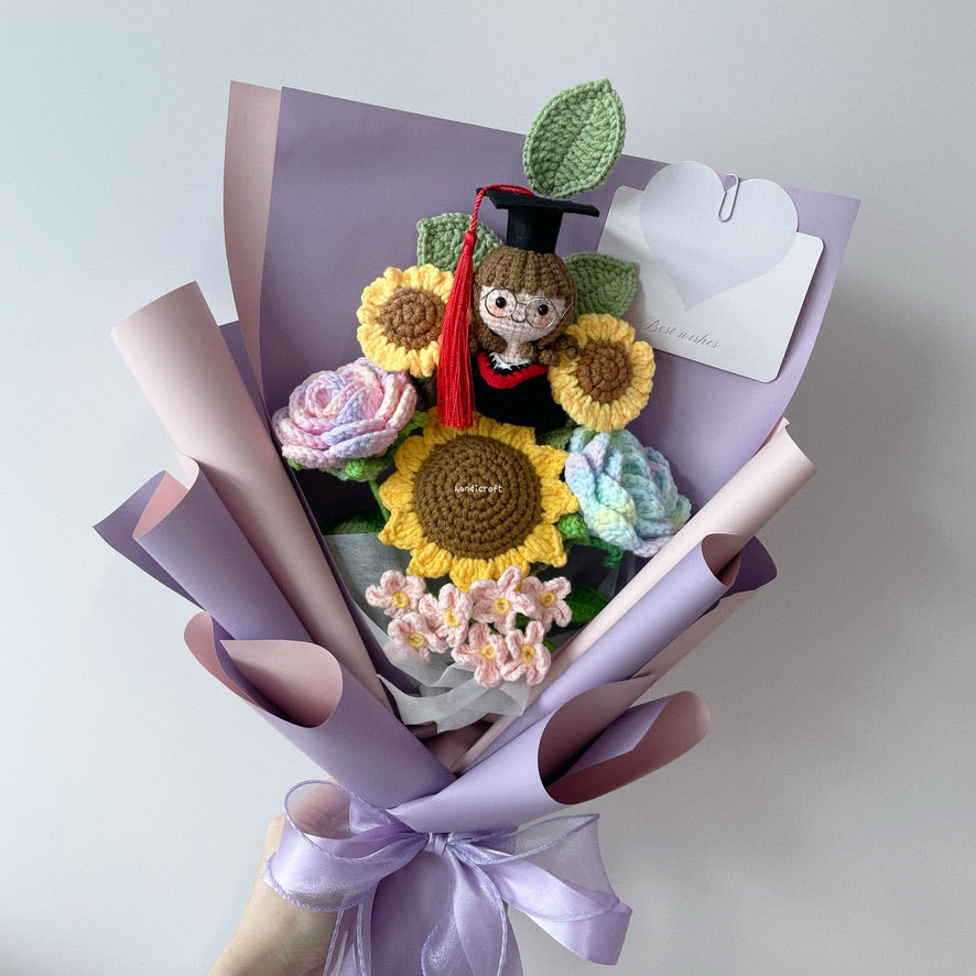 handicroft singapore handmade crochet sweet sunshine graduation flower bouquet pastel pink and purple theme