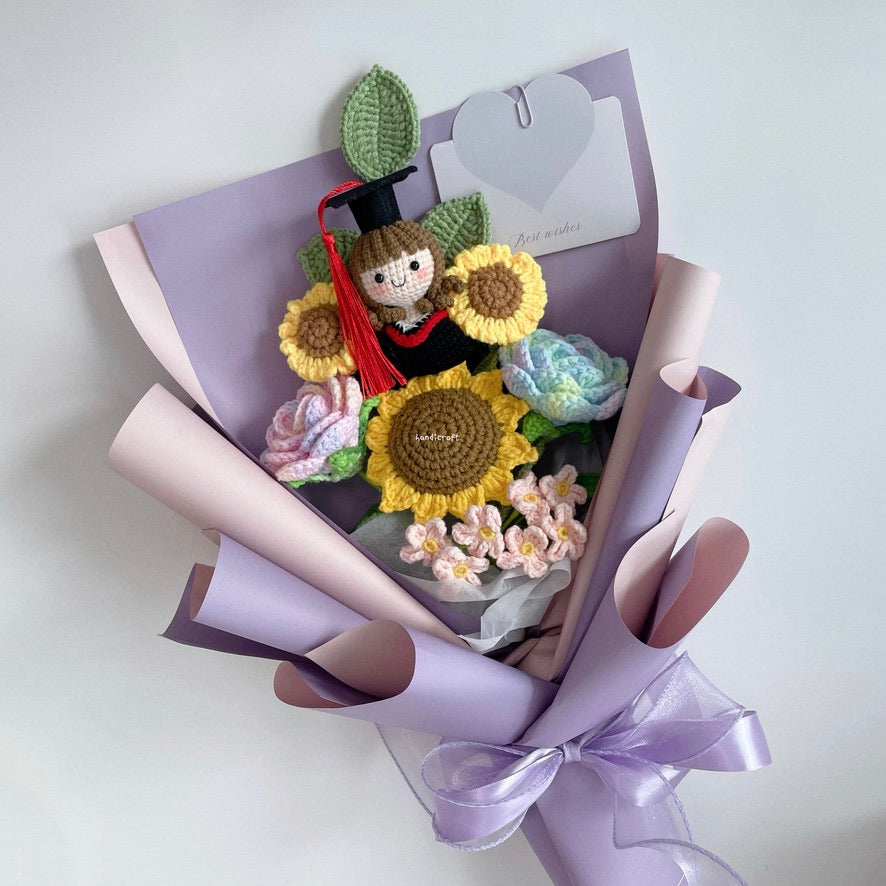 handicroft singapore handmade crochet sweet sunshine graduation flower bouquet pastel pink and purple theme
