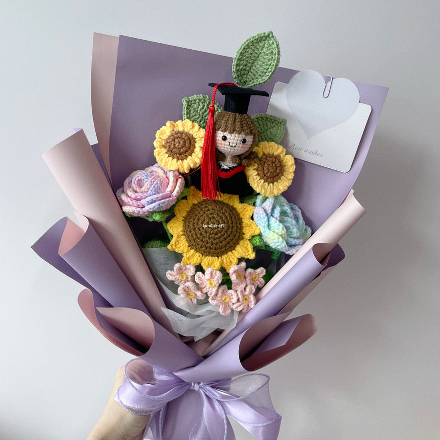 handicroft singapore handmade crochet sweet sunshine graduation flower bouquet pastel pink and purple theme