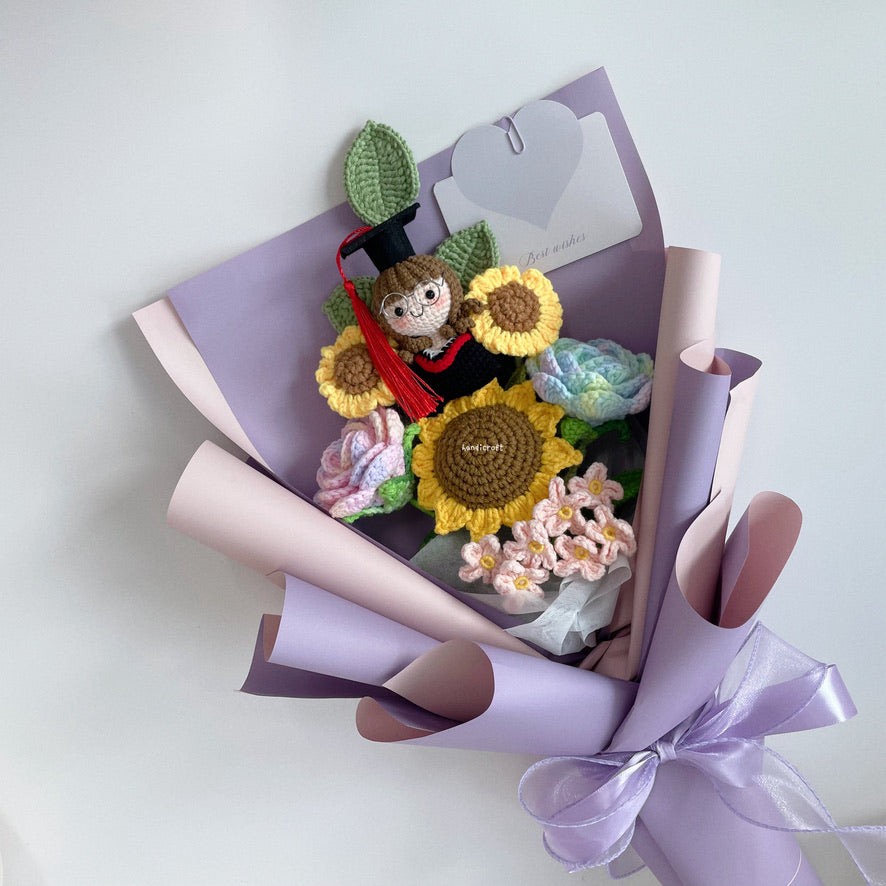 handicroft singapore handmade crochet sweet sunshine graduation flower bouquet pastel pink and purple theme