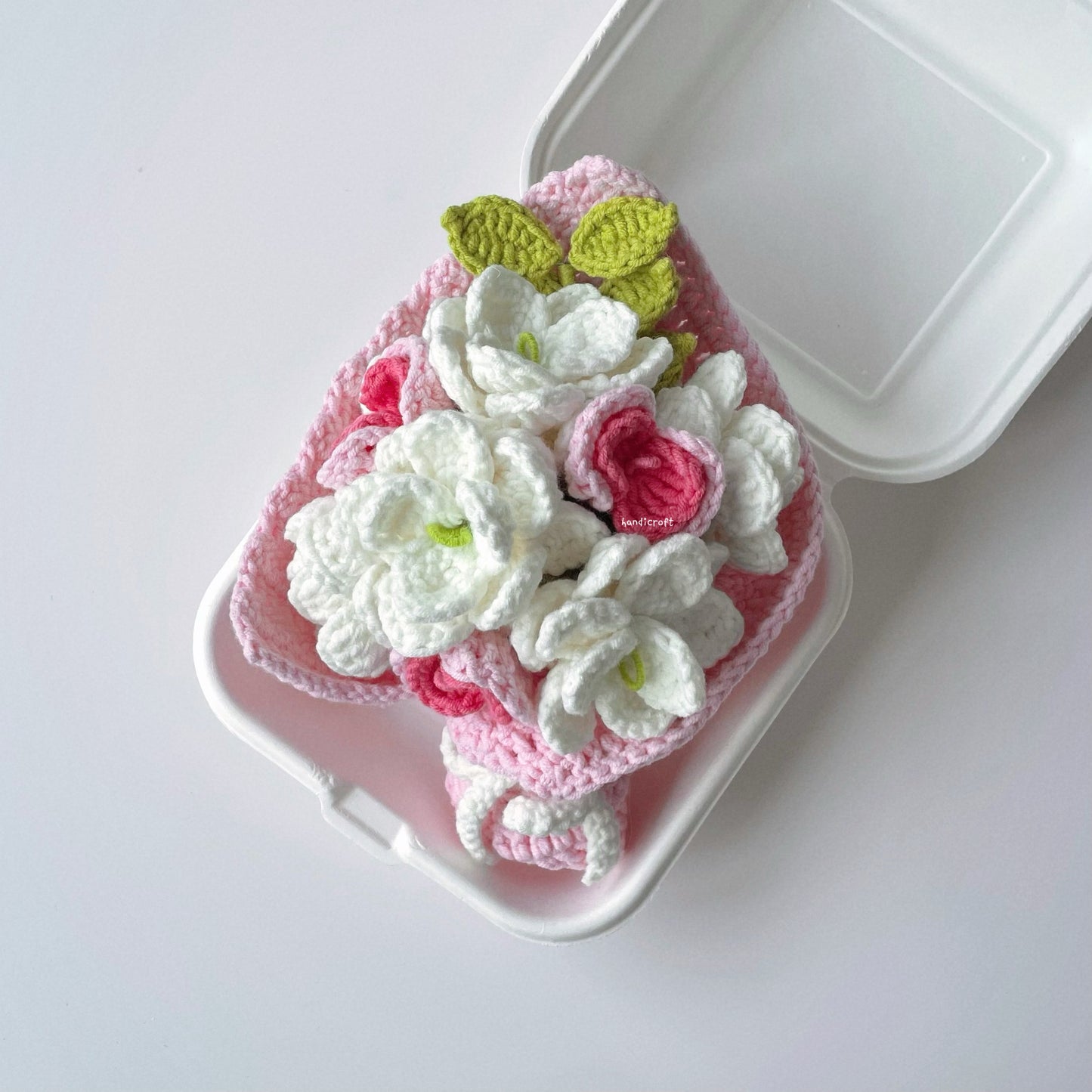 handicroft singapore handmade crochet white pink jasmine flower bouquet bento box