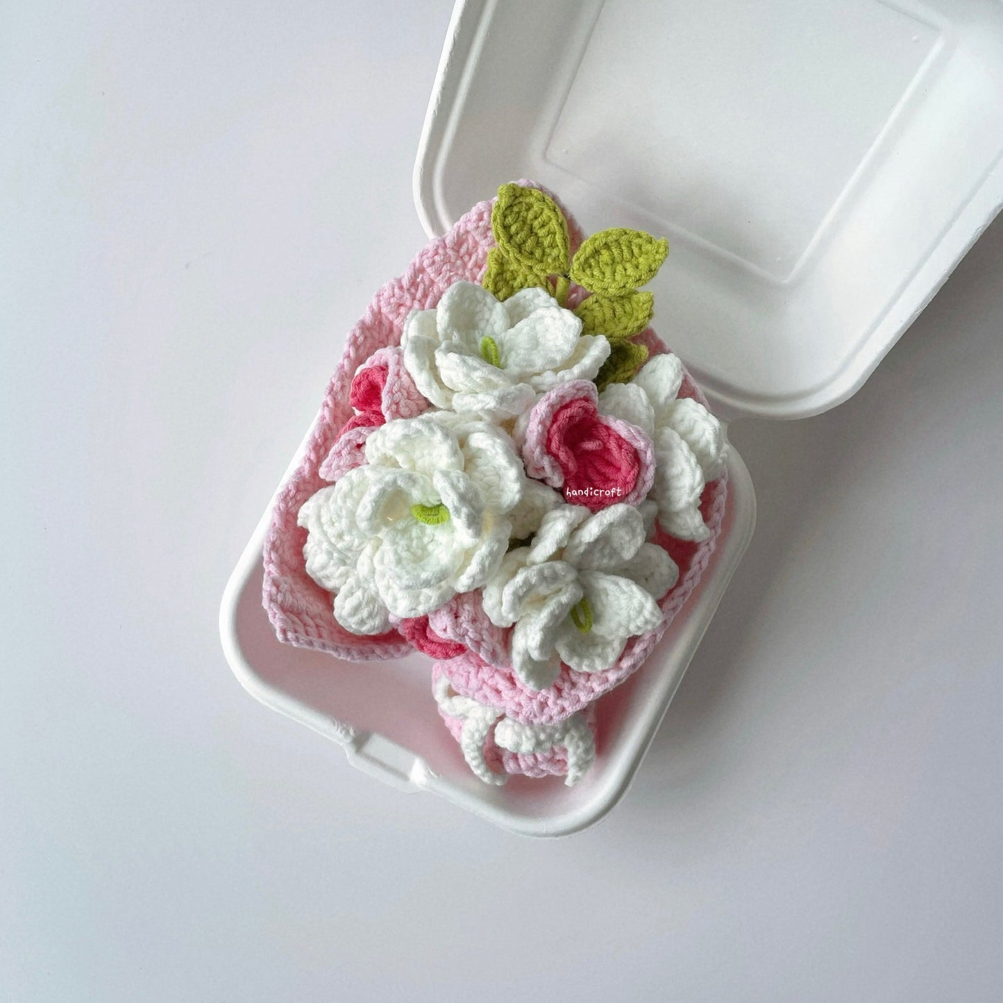 handicroft singapore handmade crochet white pink jasmine flower bouquet bento box