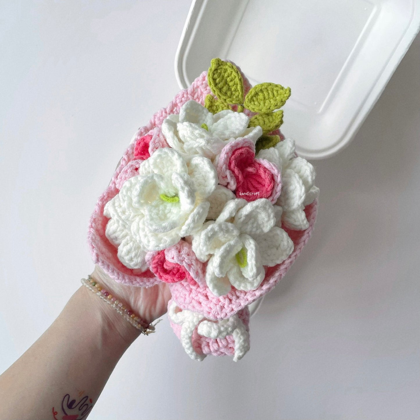 handicroft singapore handmade crochet white pink jasmine flower bouquet bento box