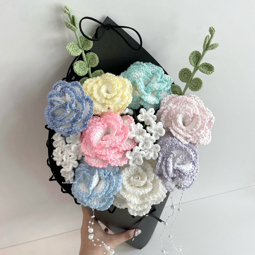 handicroft special handmade crochet glitter shiny bloomelle flower cone bouquet pastel stardust cone