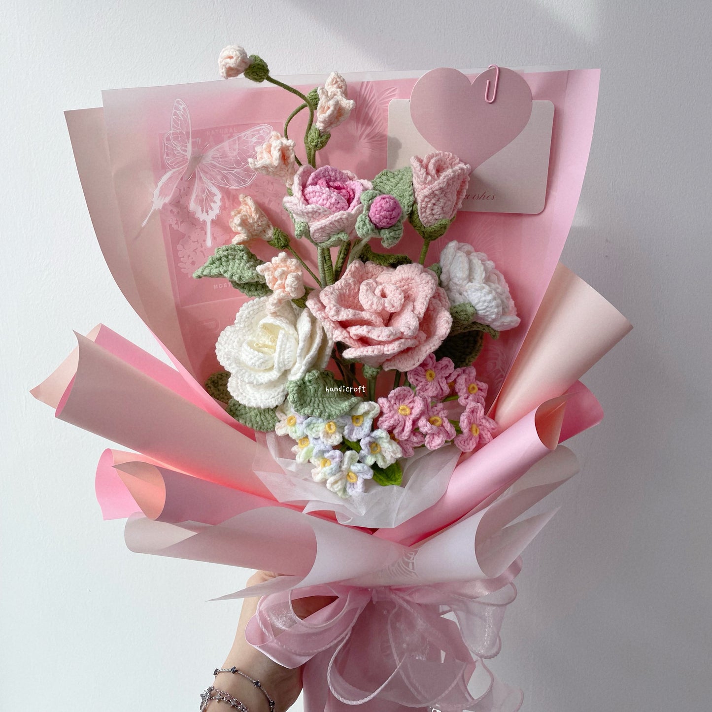 handicroft special roses crochet flower bouquet i love u & me in pink