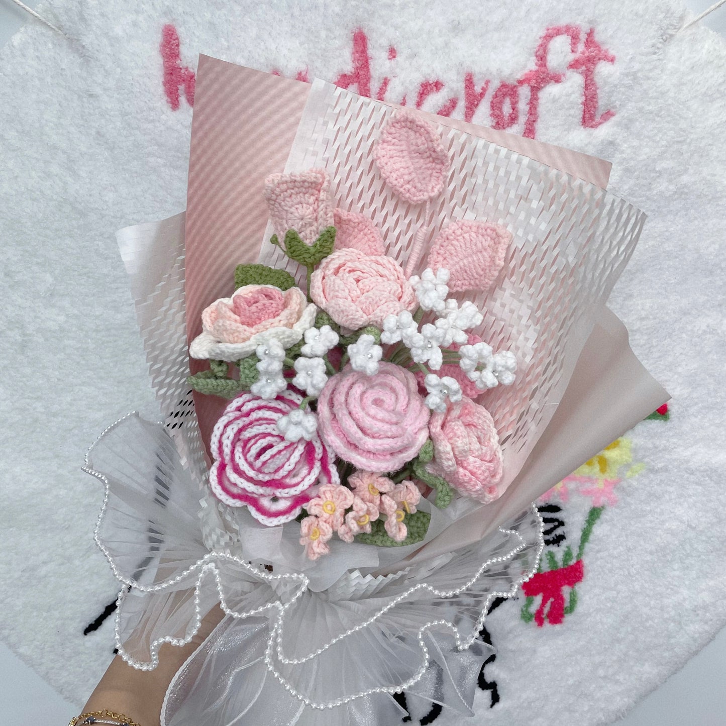 handicroft special roses singapore handmade crochet flower bouquet pastel palette pink and white