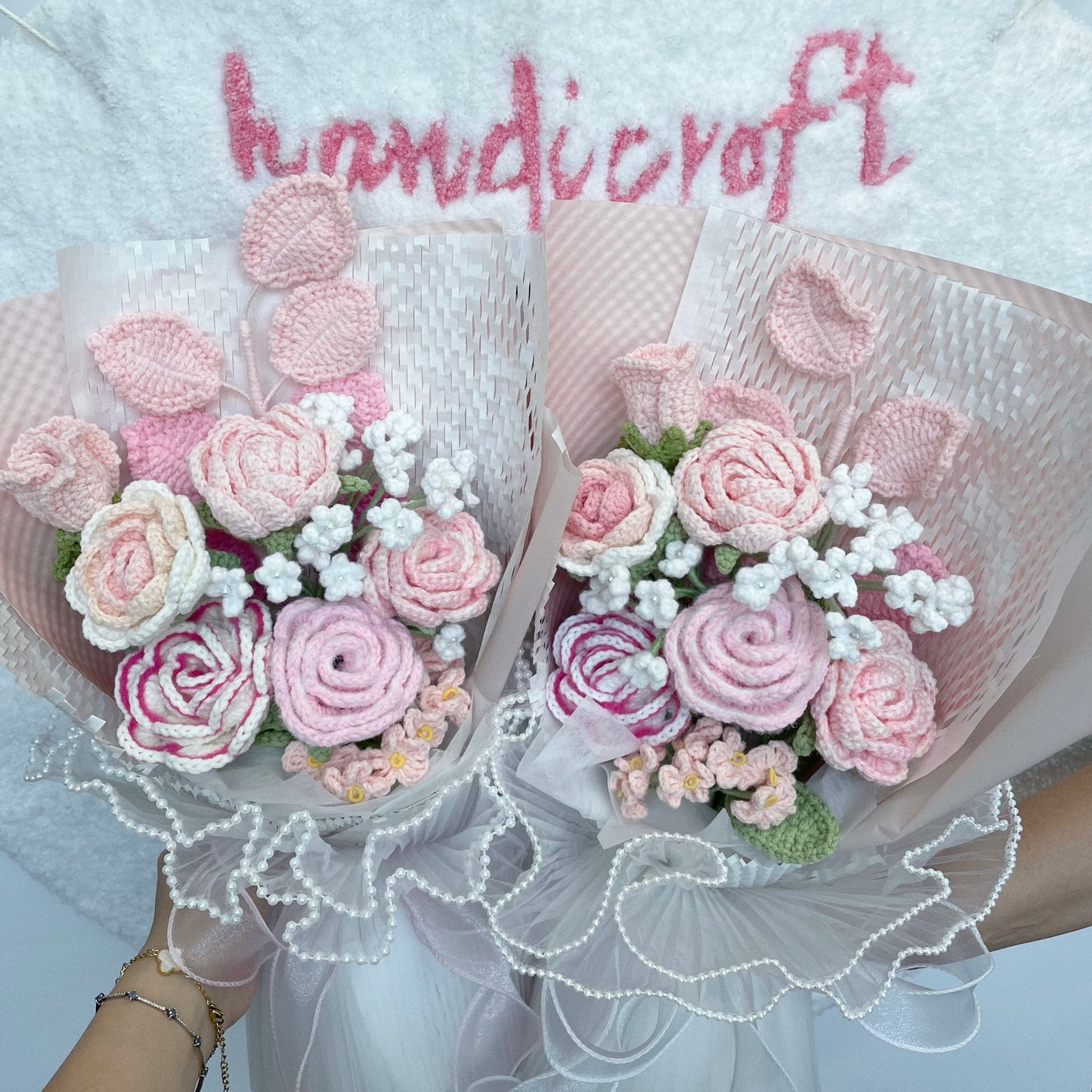 handicroft special roses singapore handmade crochet flower bouquet pastel palette pink and white