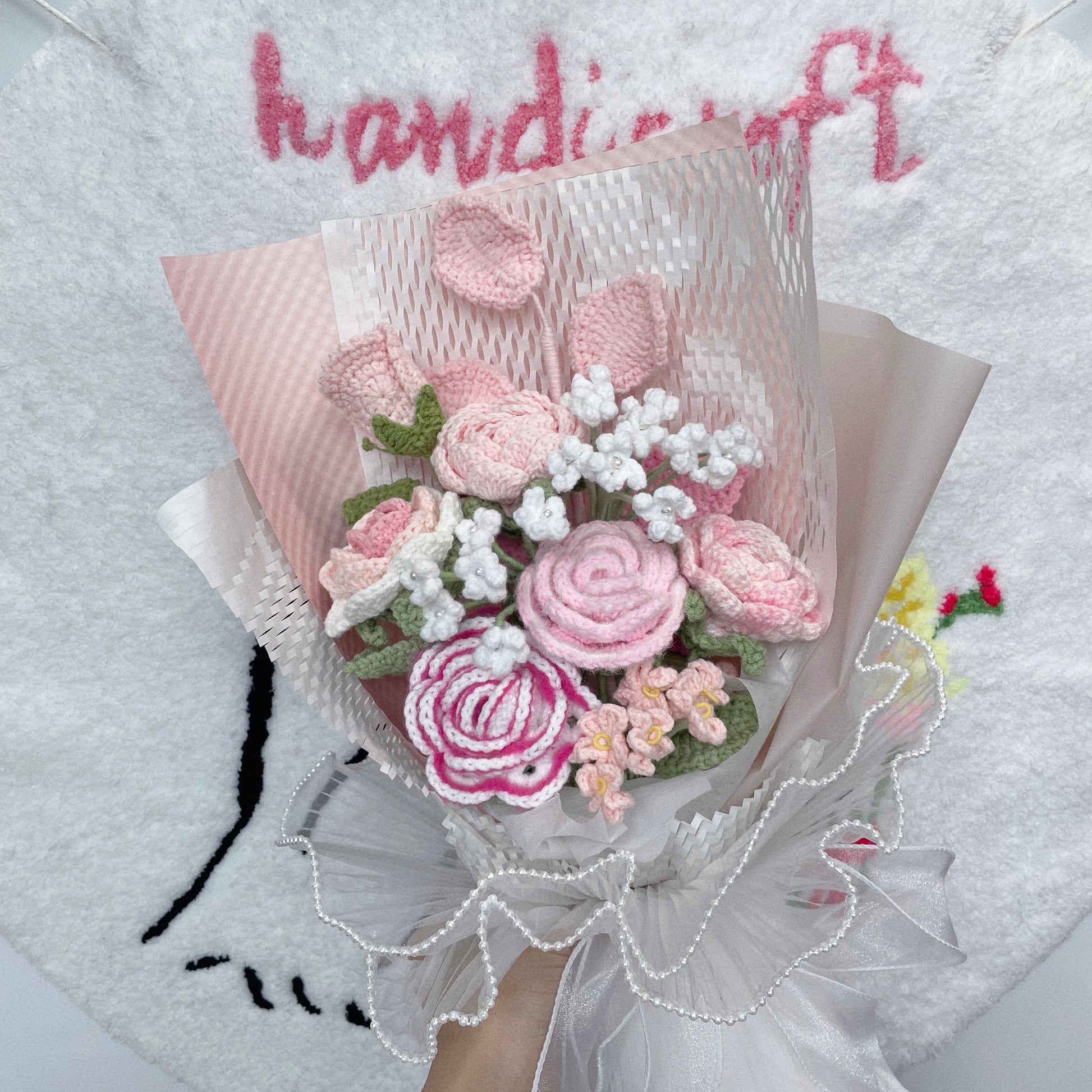 handicroft special roses singapore handmade crochet flower bouquet pastel palette pink and white