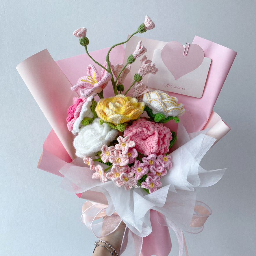 handicroft sunshine bliss pink & yellow handmade crochet flower bouquet 2