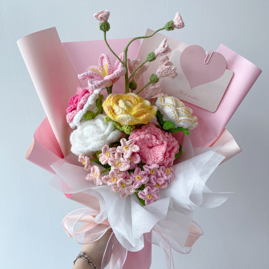 handicroft sunshine bliss pink & yellow handmade crochet flower bouquet 3
