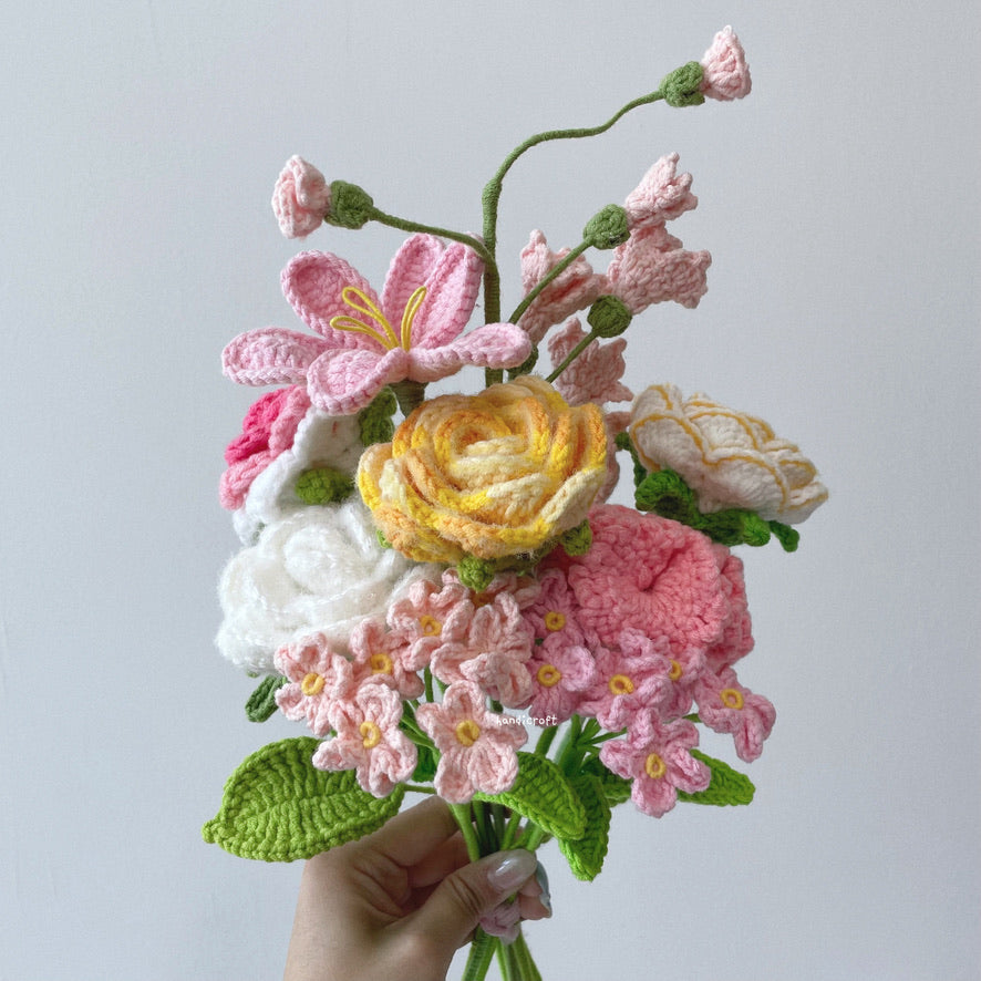 handicroft sunshine bliss pink & yellow handmade crochet flower bouquet 6