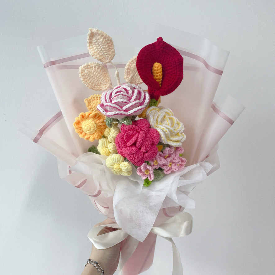 singapore handicroft crochet flower bouquet in bright pink red yellow