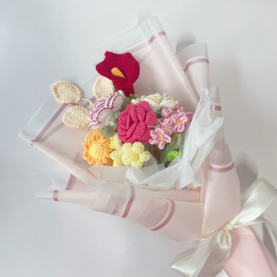 singapore handicroft crochet flower bouquet in bright pink red yellow