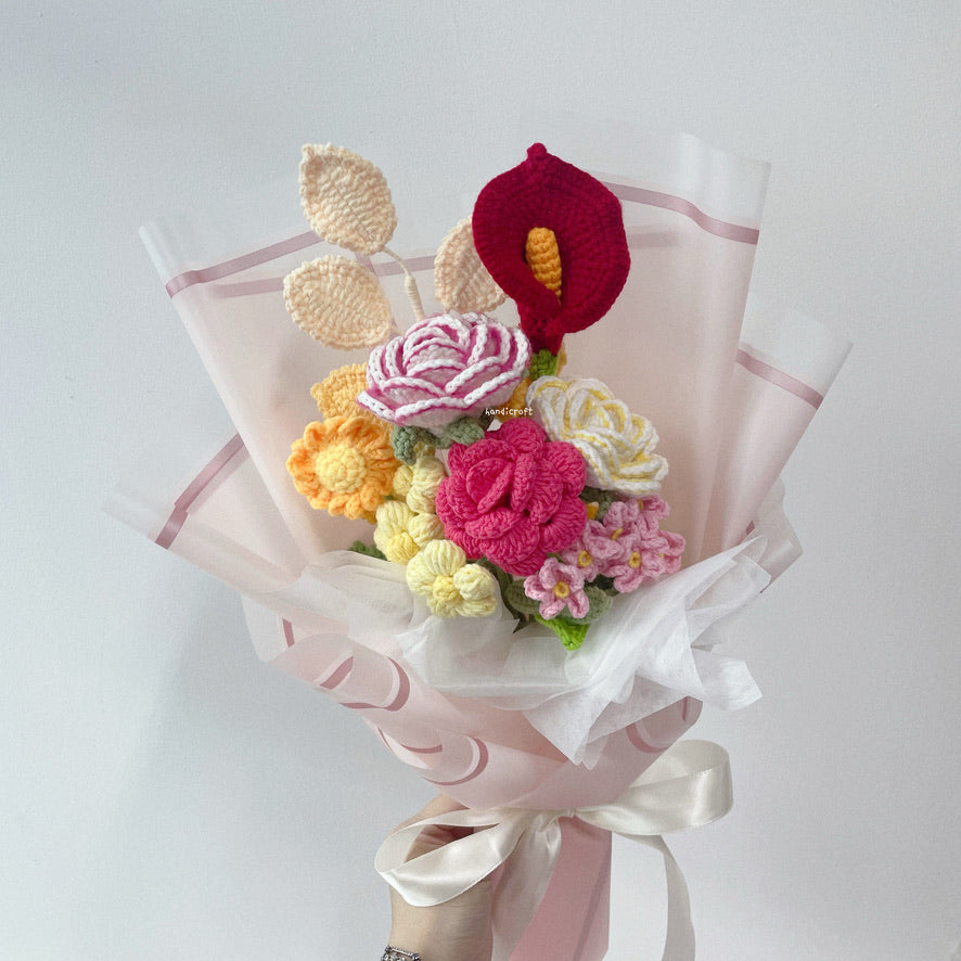 singapore handicroft crochet flower bouquet in bright pink red yellow
