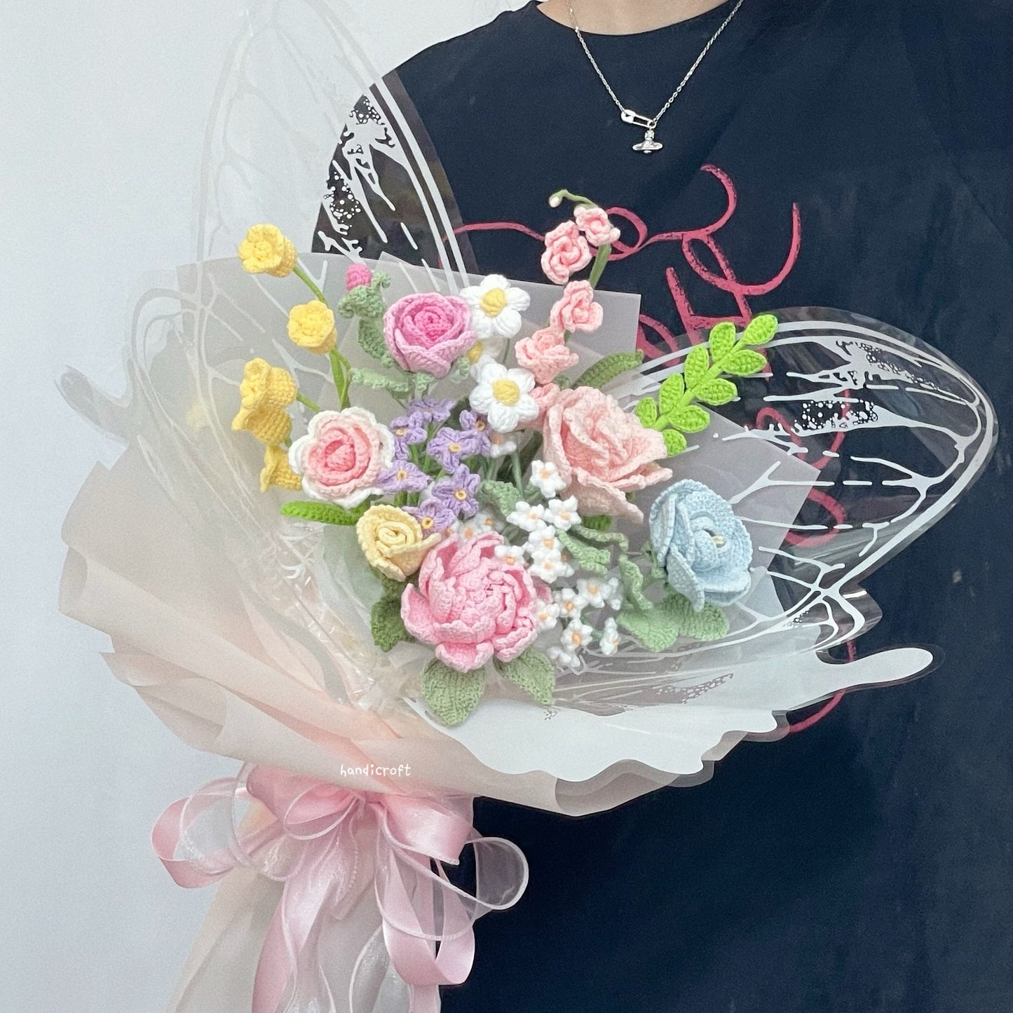 singapore handicroft crochet flower bouquet in pastel colours butterfly kisses