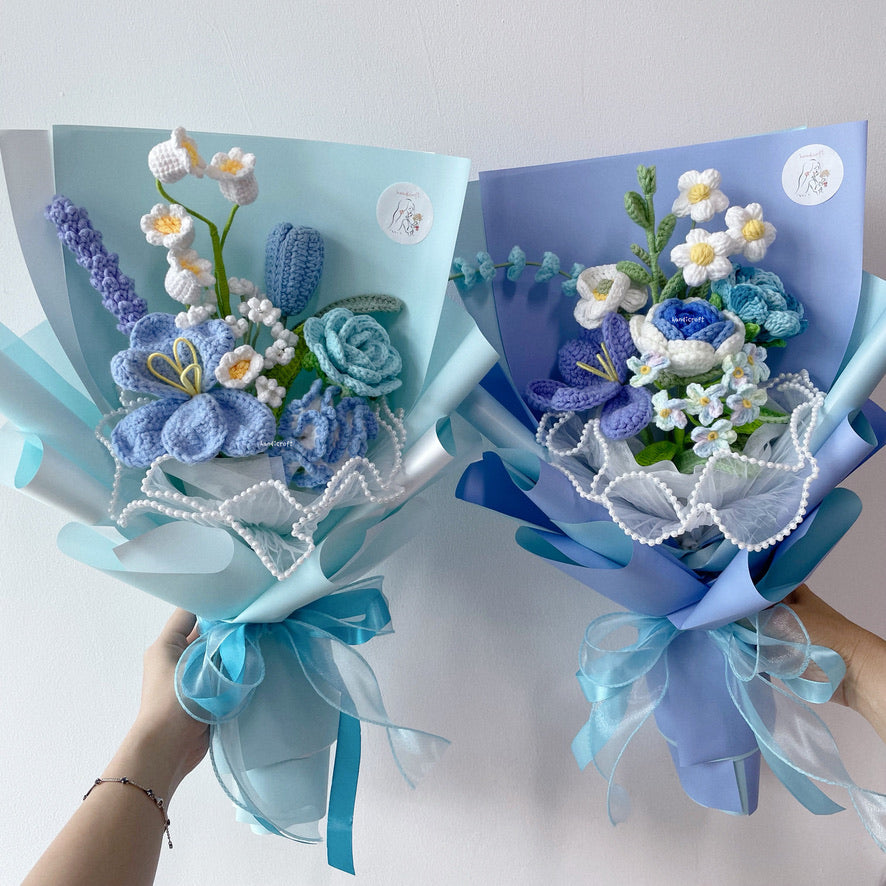 singapore handicroft handmade crochet flower bouquet blue & blooms