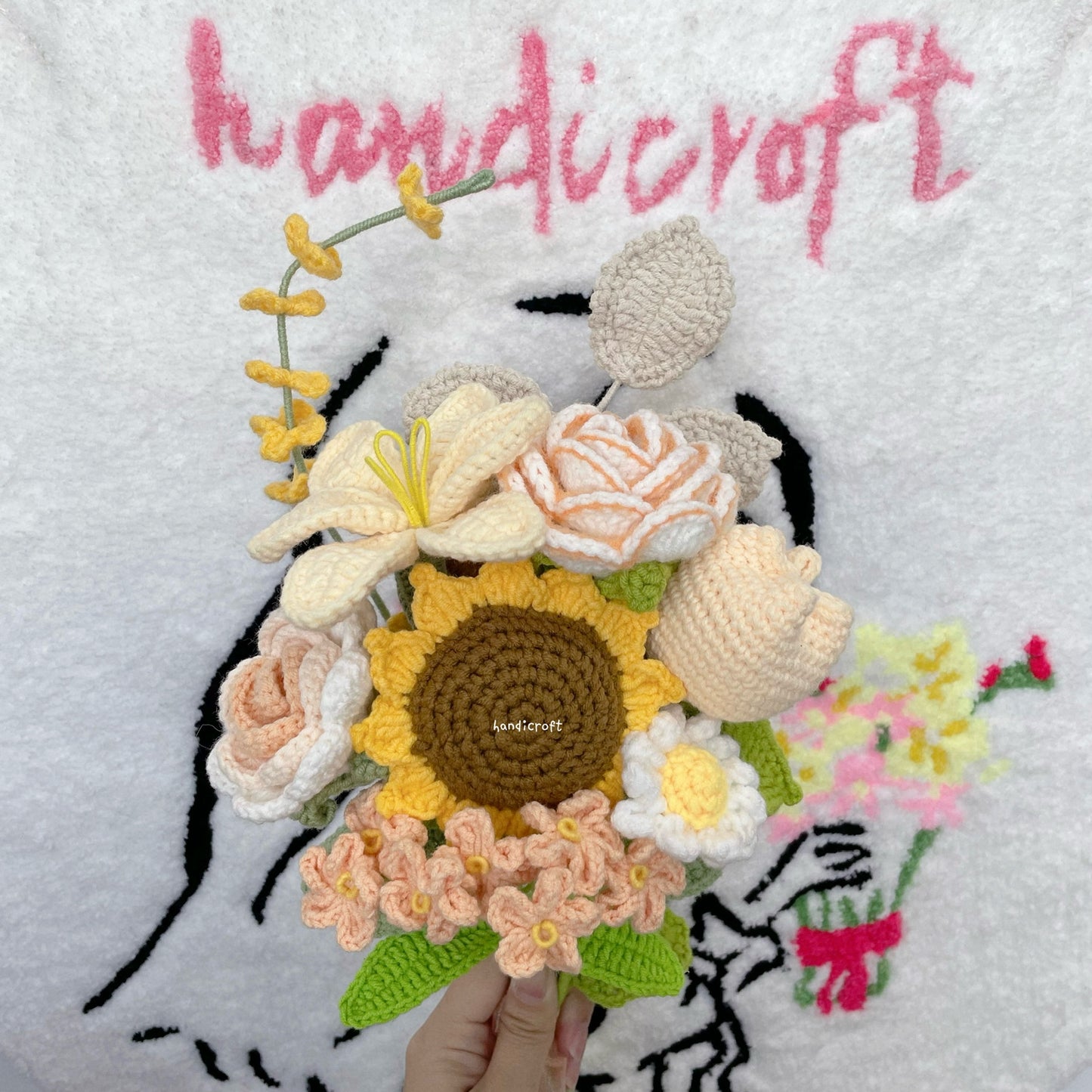 singapore handicroft handmade crochet flower bouquet in yellow white orange sweet peach