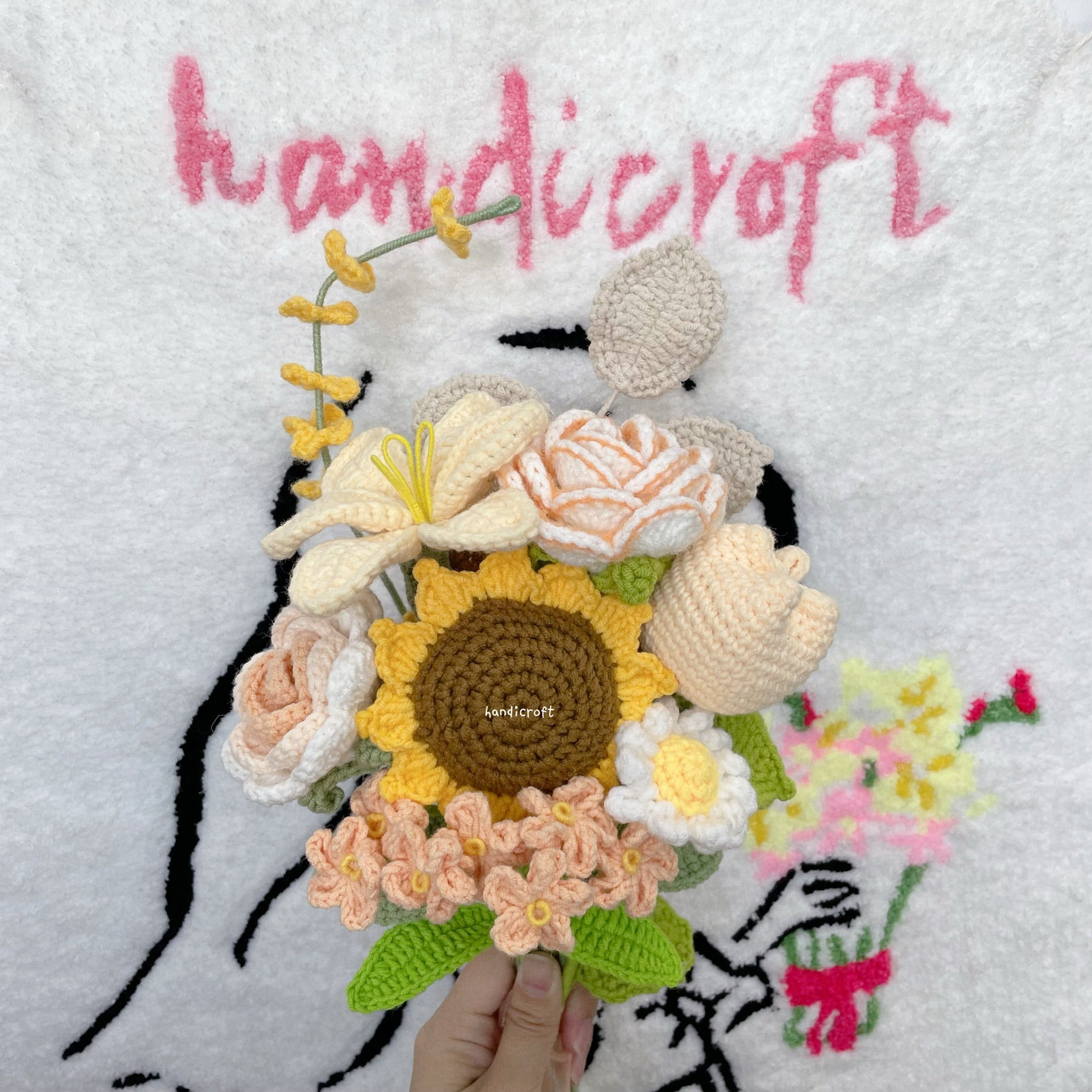 singapore handicroft handmade crochet flower bouquet in yellow white orange sweet peach