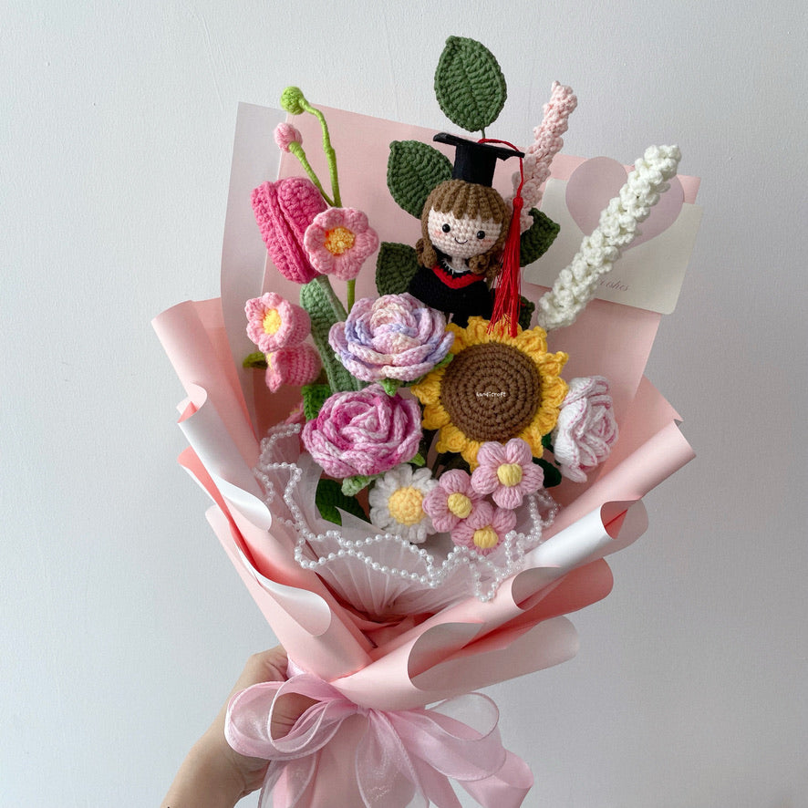 singapore handicroft handmade crochet graduation flower bouquet in pastel pink dreams in bloom