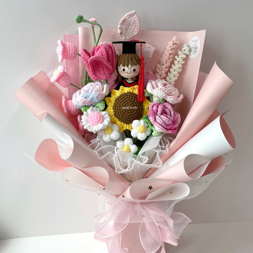 singapore handicroft handmade crochet graduation flower bouquet in pastel pink dreams in bloom
