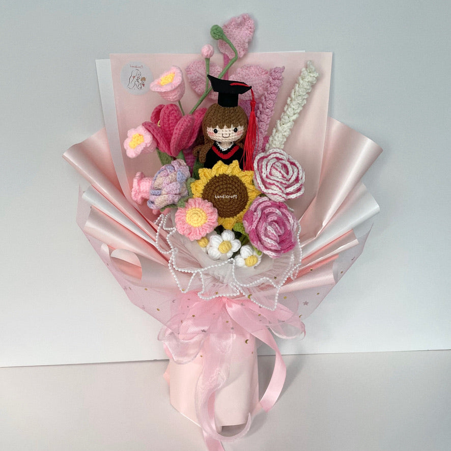 singapore handicroft handmade crochet graduation flower bouquet in pastel pink dreams in bloom