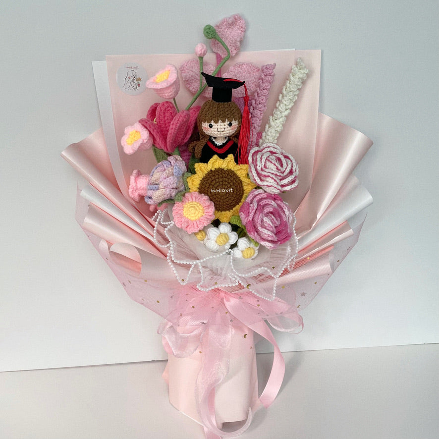 singapore handicroft handmade crochet graduation flower bouquet in pastel pink dreams in bloom