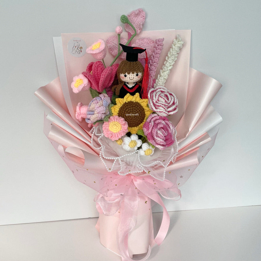 singapore handicroft handmade crochet graduation flower bouquet in pastel pink dreams in bloom