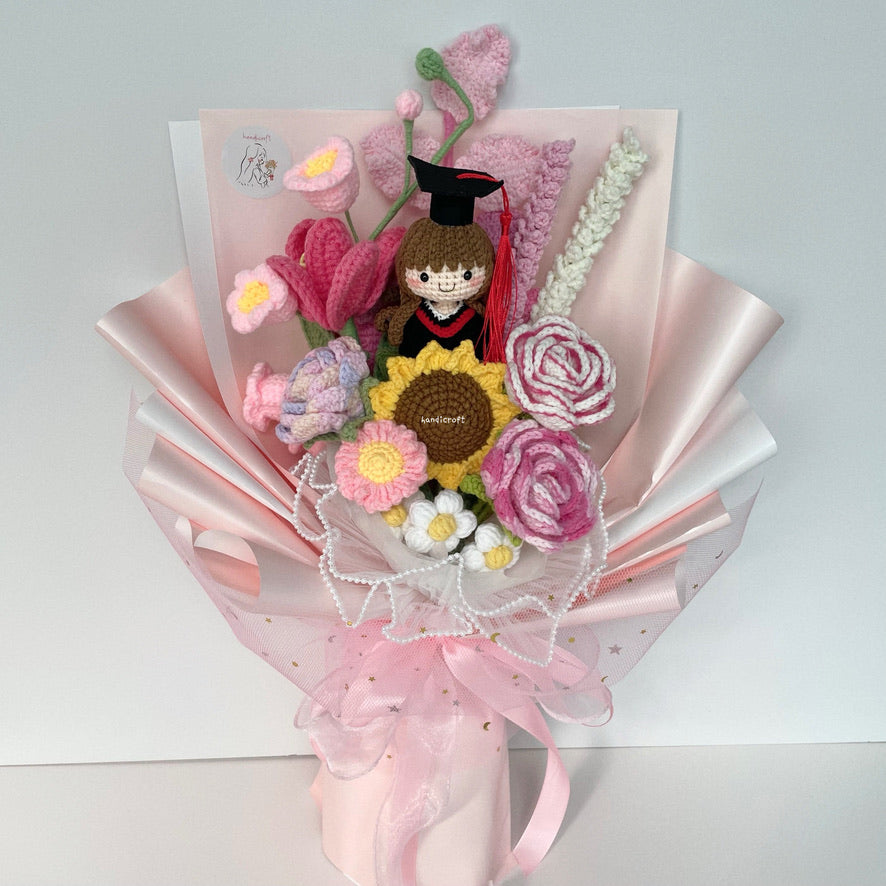 singapore handicroft handmade crochet graduation flower bouquet in pastel pink dreams in bloom