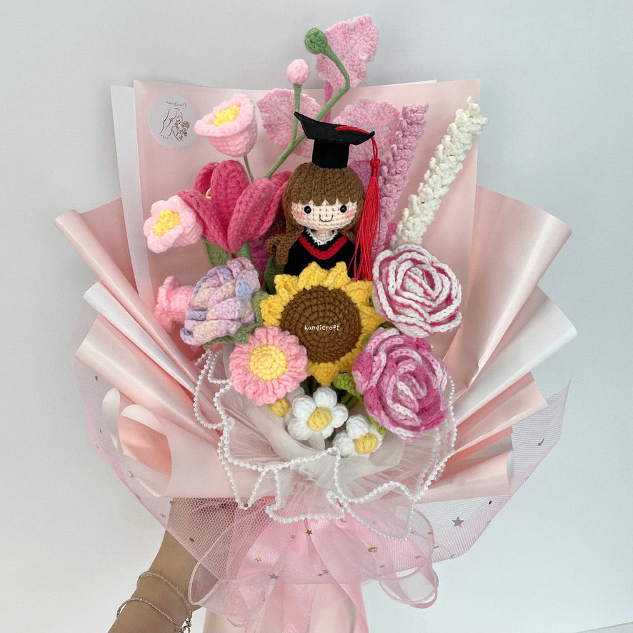 singapore handicroft handmade crochet graduation flower bouquet in pastel pink dreams in bloom