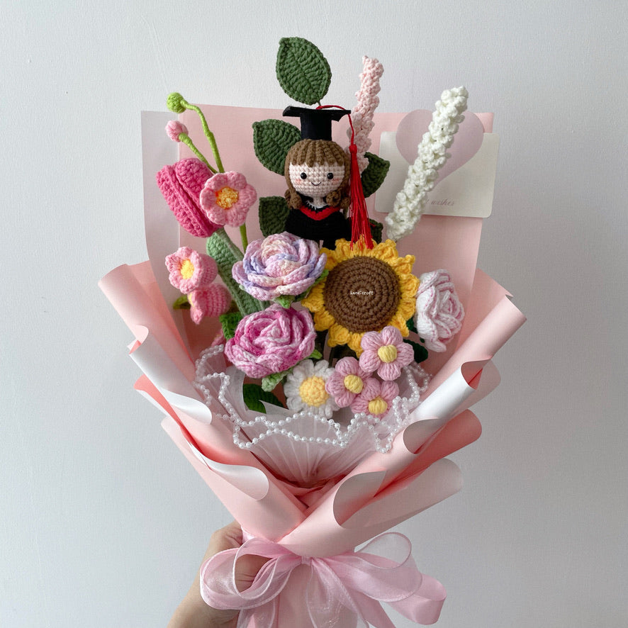 singapore handicroft handmade crochet graduation flower bouquet in pastel pink dreams in bloom