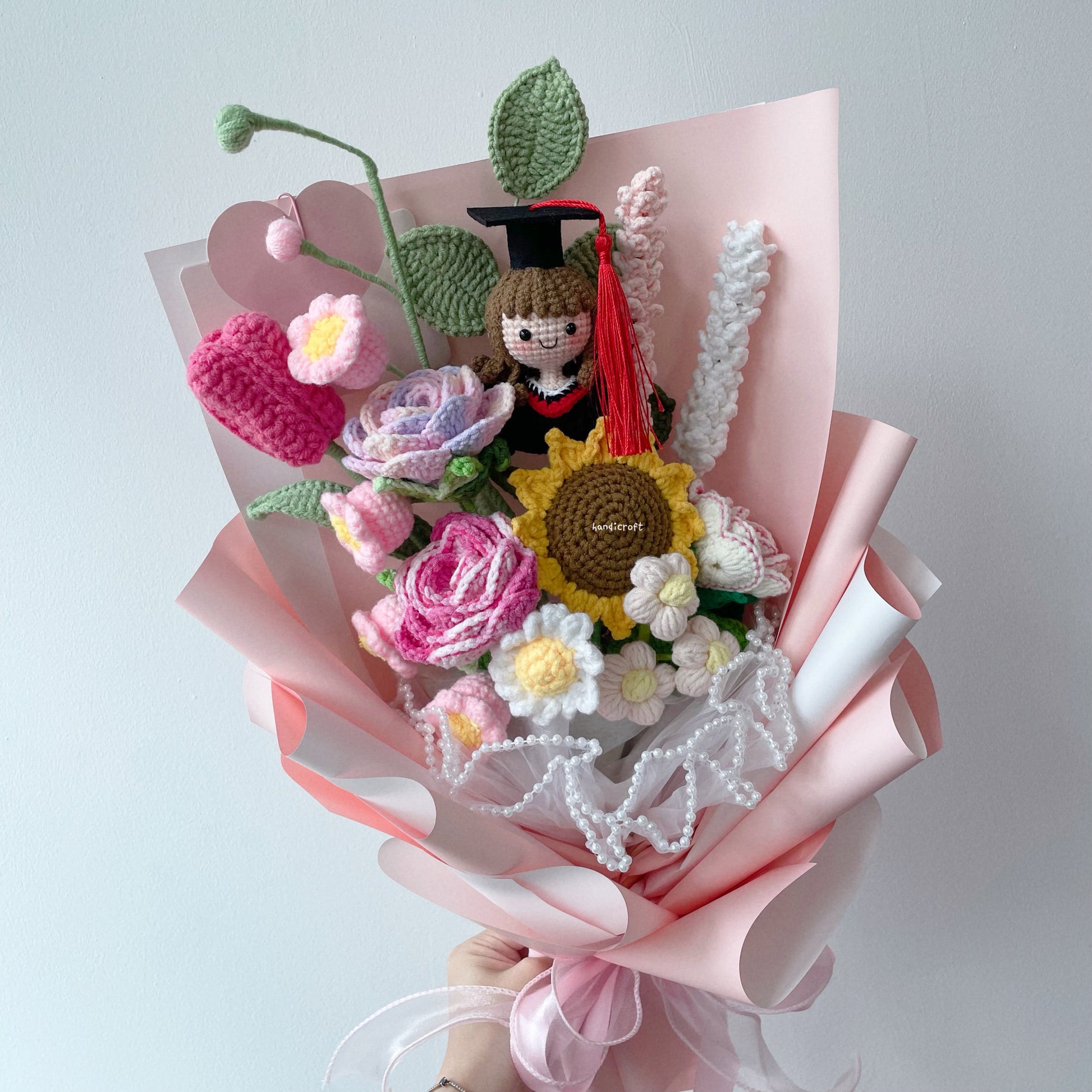 singapore handicroft handmade crochet graduation flower bouquet in pastel pink dreams in bloom
