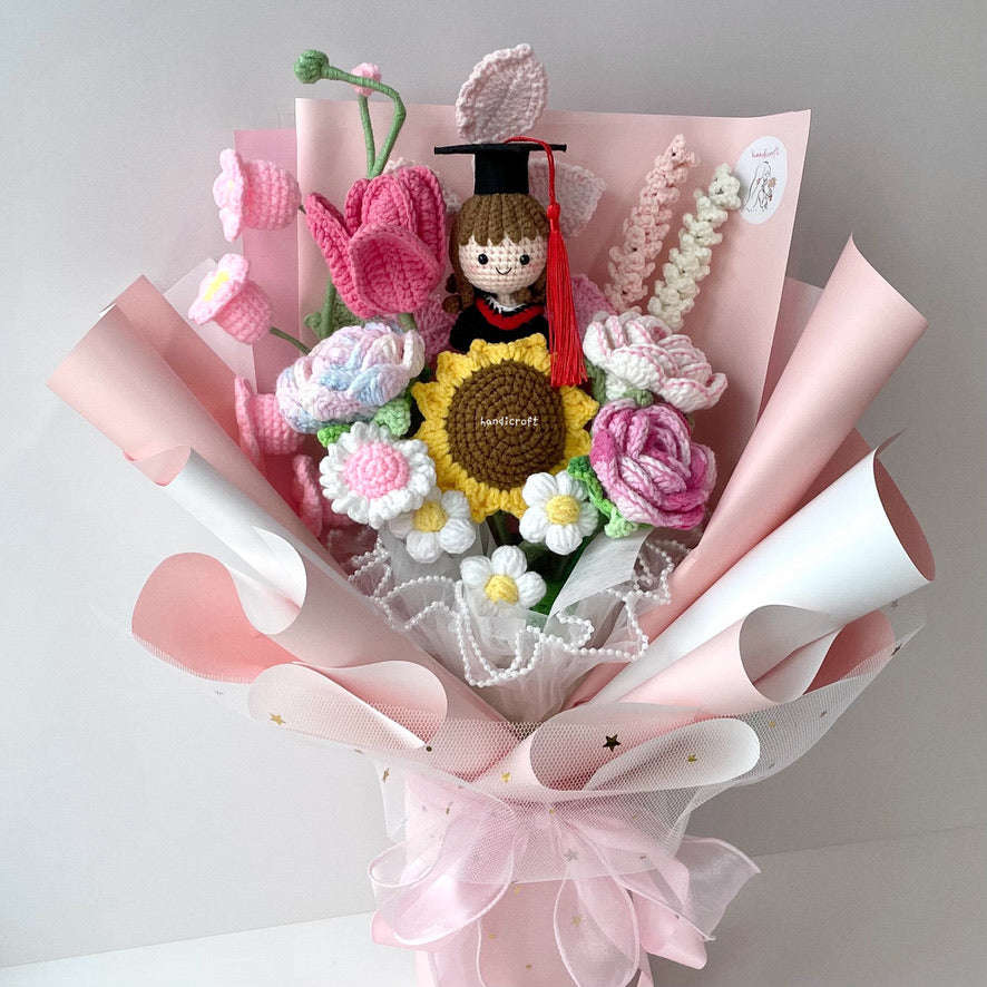 singapore handicroft handmade crochet graduation flower bouquet in pastel pink dreams in bloom