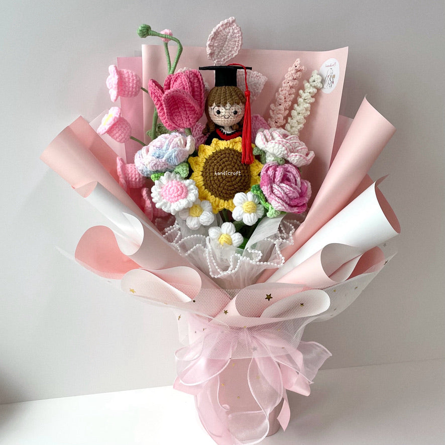 singapore handicroft handmade crochet graduation flower bouquet in pastel pink dreams in bloom