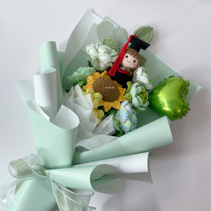 singapore handicroft handmade graduation crochet flower bouquet spring of success mint green and white pastel colour theme