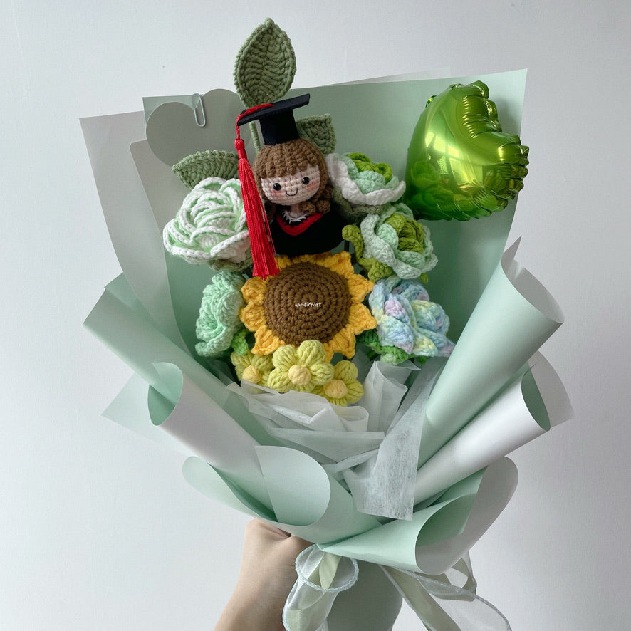 singapore handicroft handmade graduation crochet flower bouquet spring of success mint green and white pastel colour theme