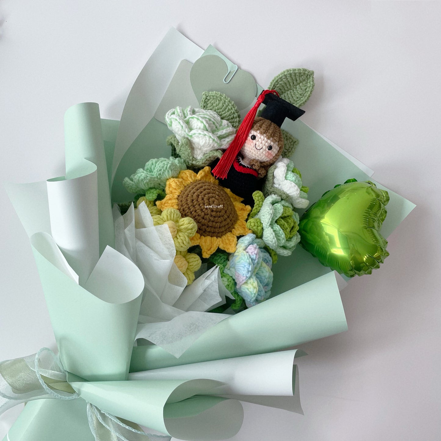 singapore handicroft handmade graduation crochet flower bouquet spring of success mint green and white pastel colour theme