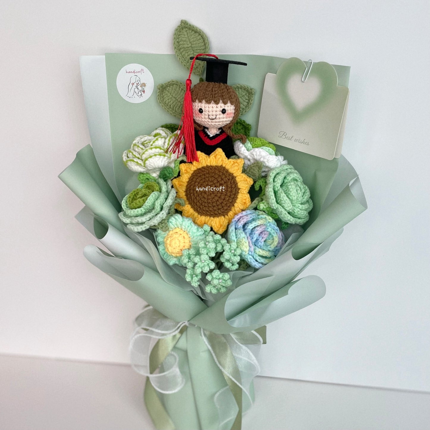 singapore handicroft handmade graduation crochet flower bouquet spring of success mint green and white pastel colour theme