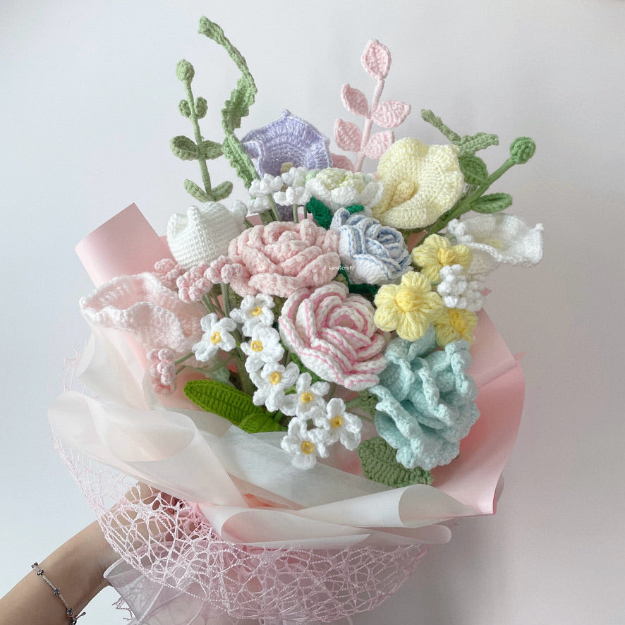 singapore handicroft special roses handmade crochet flower bouquet in pastel theme sugar blossom