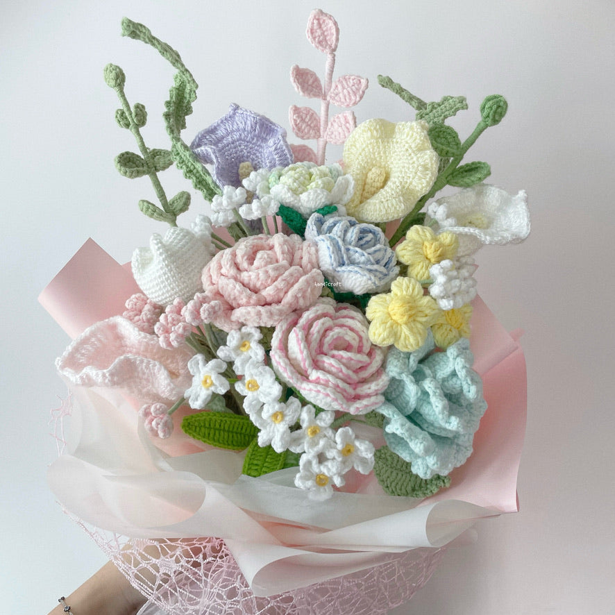 singapore handicroft special roses handmade crochet flower bouquet in pastel theme sugar blossom