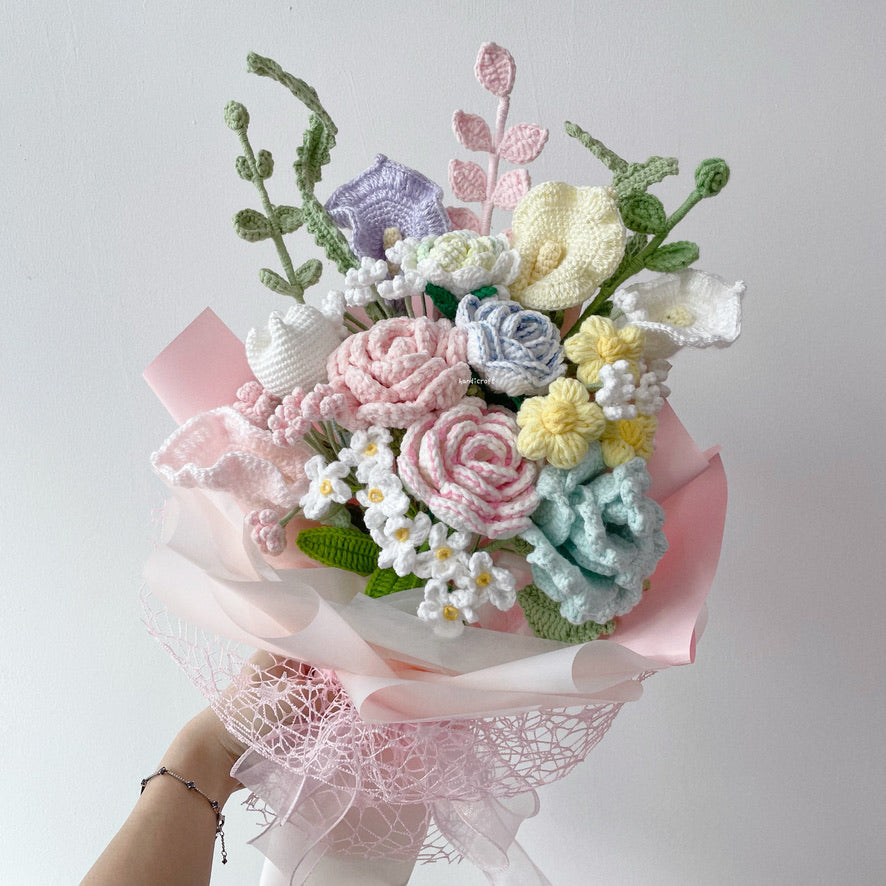 singapore handicroft special roses handmade crochet flower bouquet in pastel theme sugar blossom