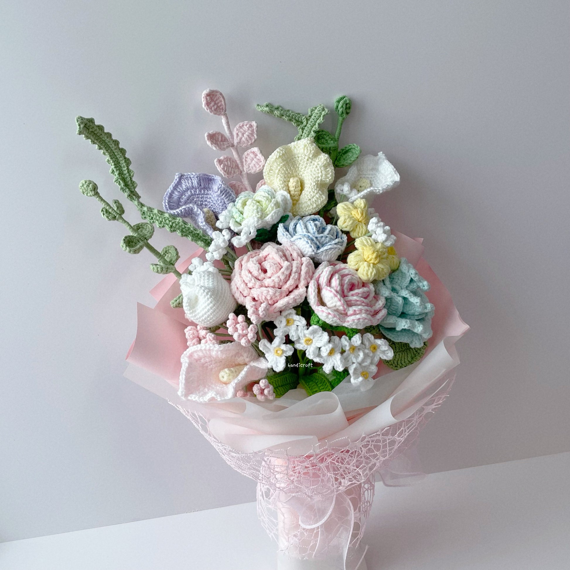singapore handicroft special roses handmade crochet flower bouquet in pastel theme sugar blossom